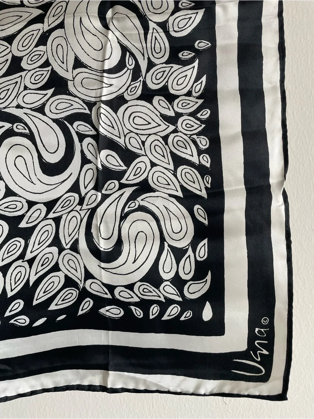 Vintage Usna silk rayon square scarf abstract bandana paisley black white 22x22